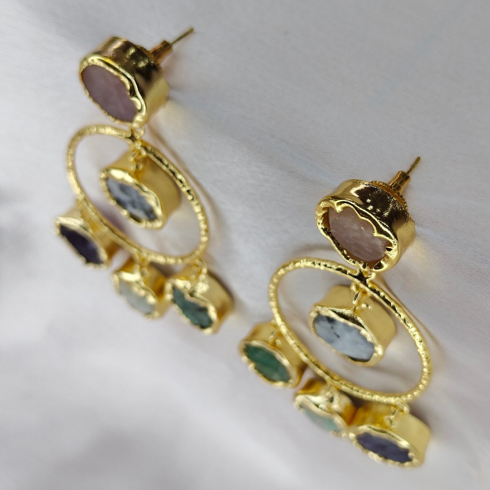 Jevaya Handcrafted Multiple Natural Stone Hoop Earrings with 22k Gold Polished - Image 5