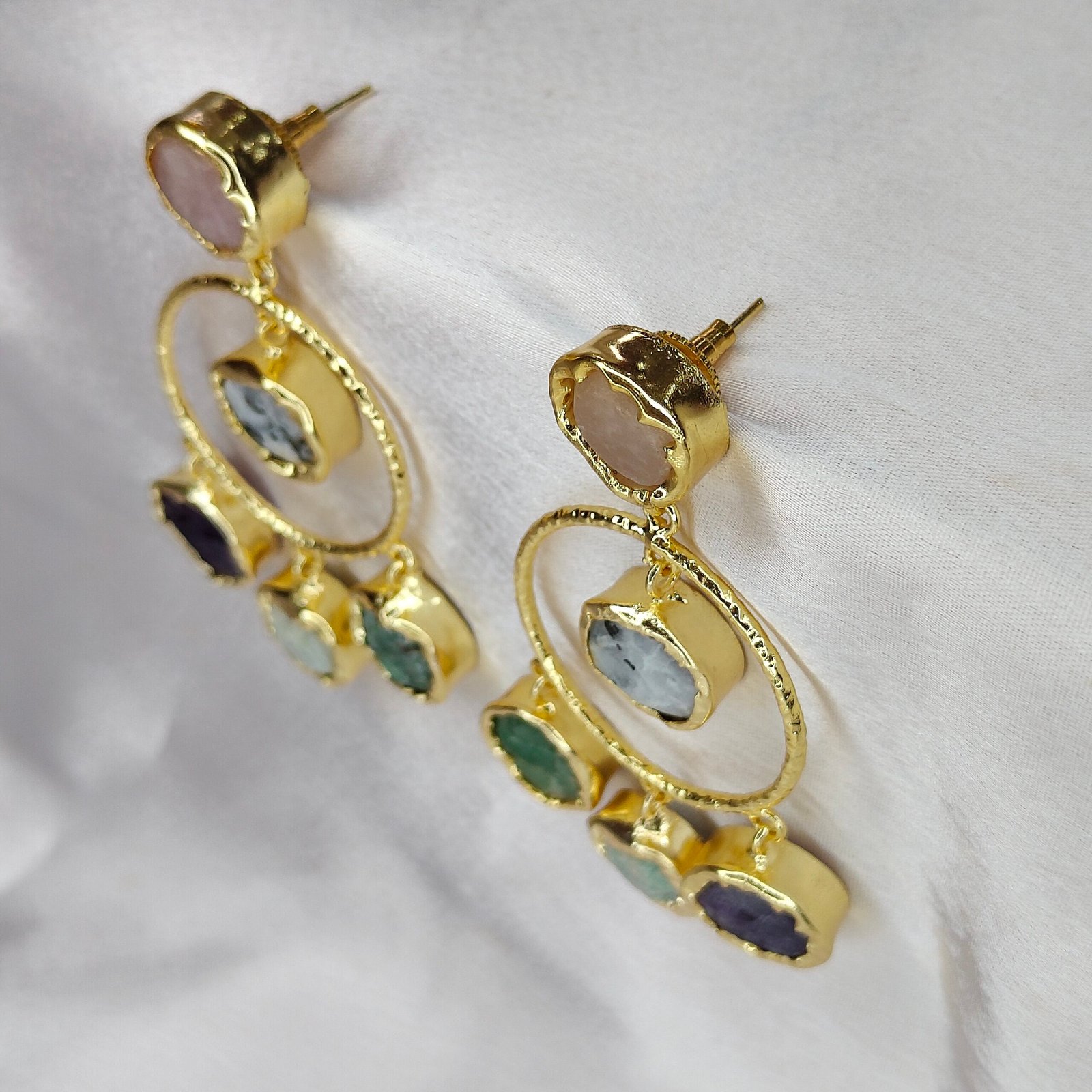 Jevaya Handcrafted Multiple Natural Stone Hoop Earrings with 22k Gold Polished - Image 4