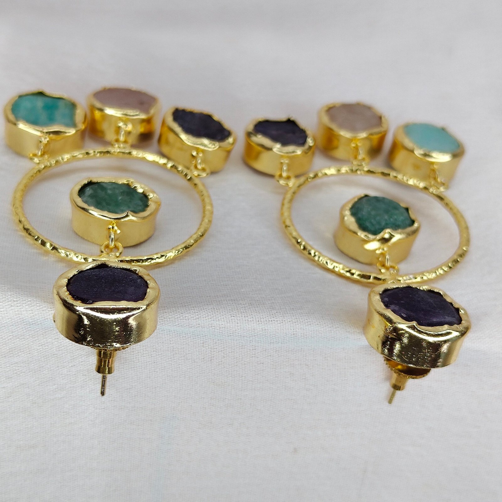 Jevaya Handcrafted Multiple Natural Stone Hoop Earrings with 22k Gold Polished - Image 3