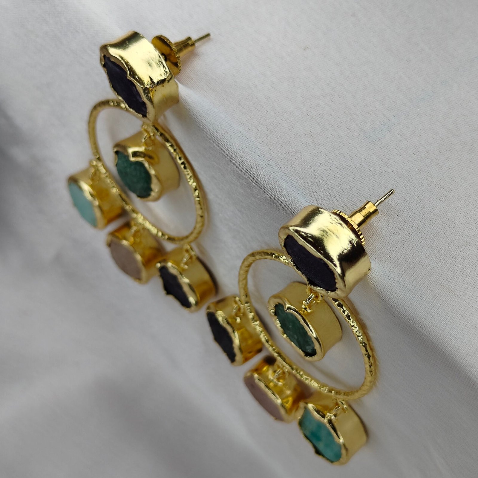 Jevaya Handcrafted Multiple Natural Stone Hoop Earrings with 22k Gold Polished - Image 4