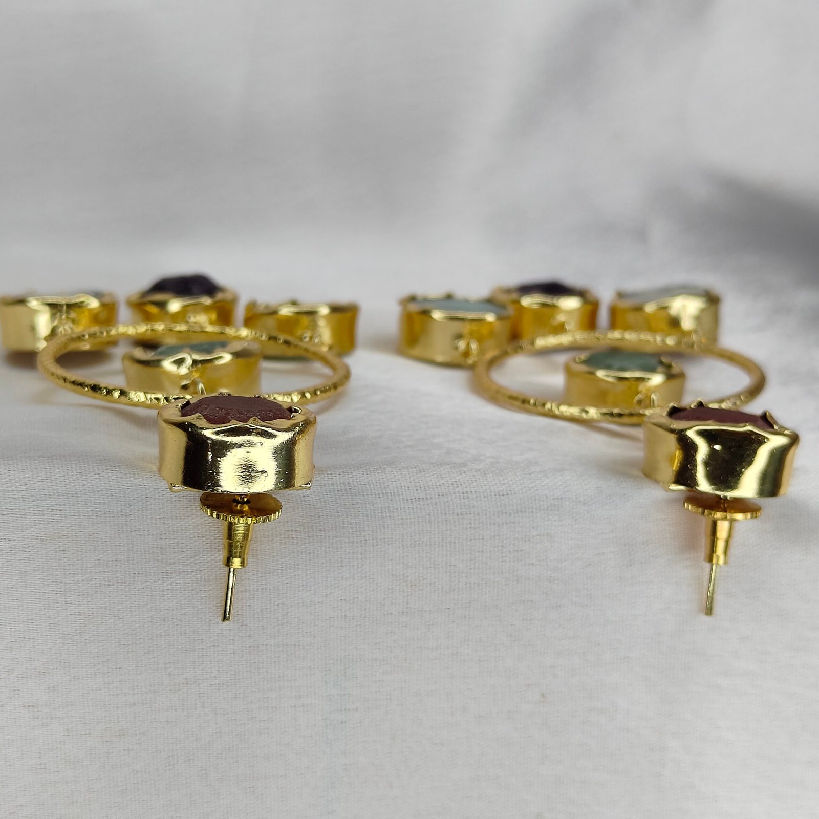 Jevaya Handcrafted Multiple Natural Stone Hoop Earrings with 22k Gold Polished - Image 3