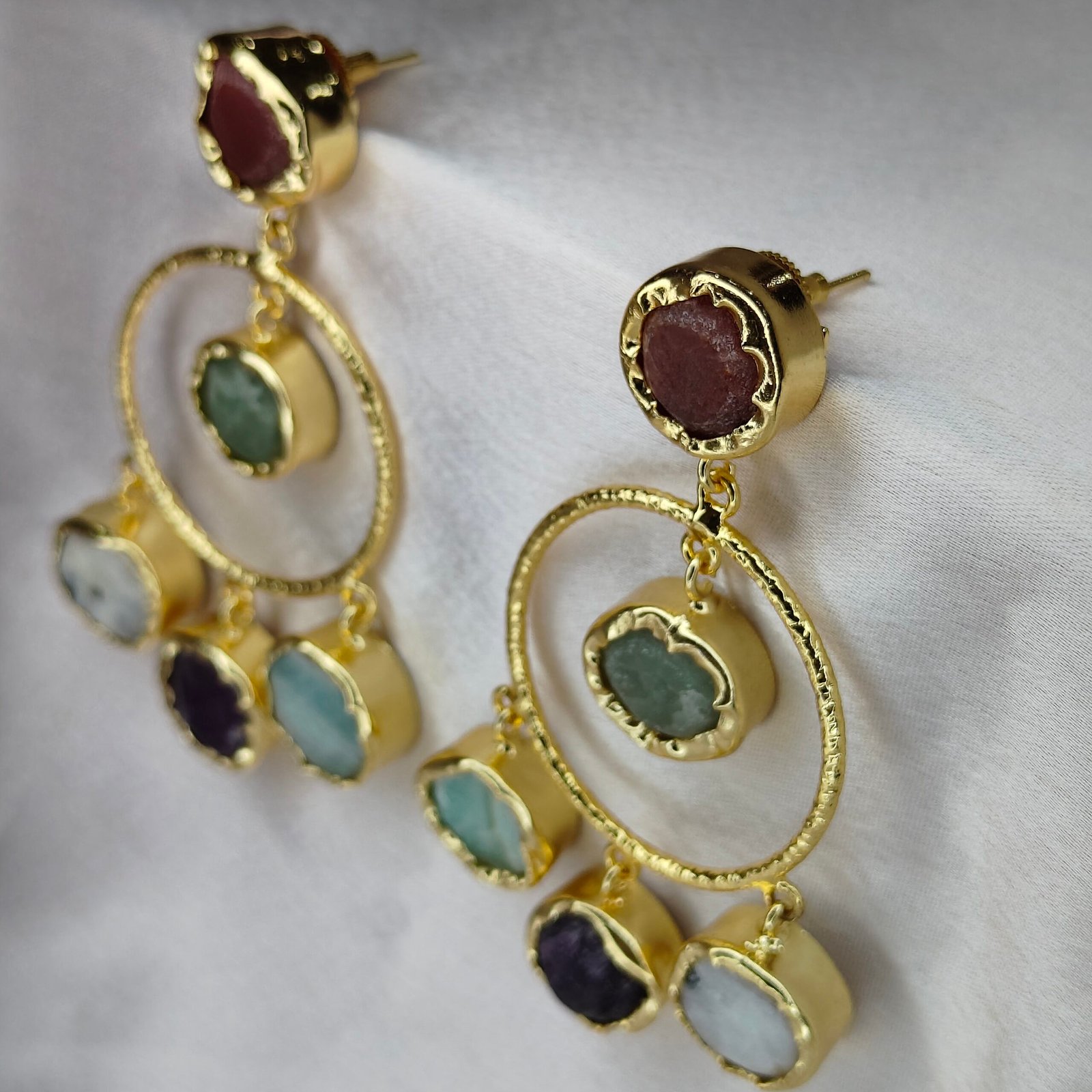 Jevaya Handcrafted Multiple Natural Stone Hoop Earrings with 22k Gold Polished - Image 4