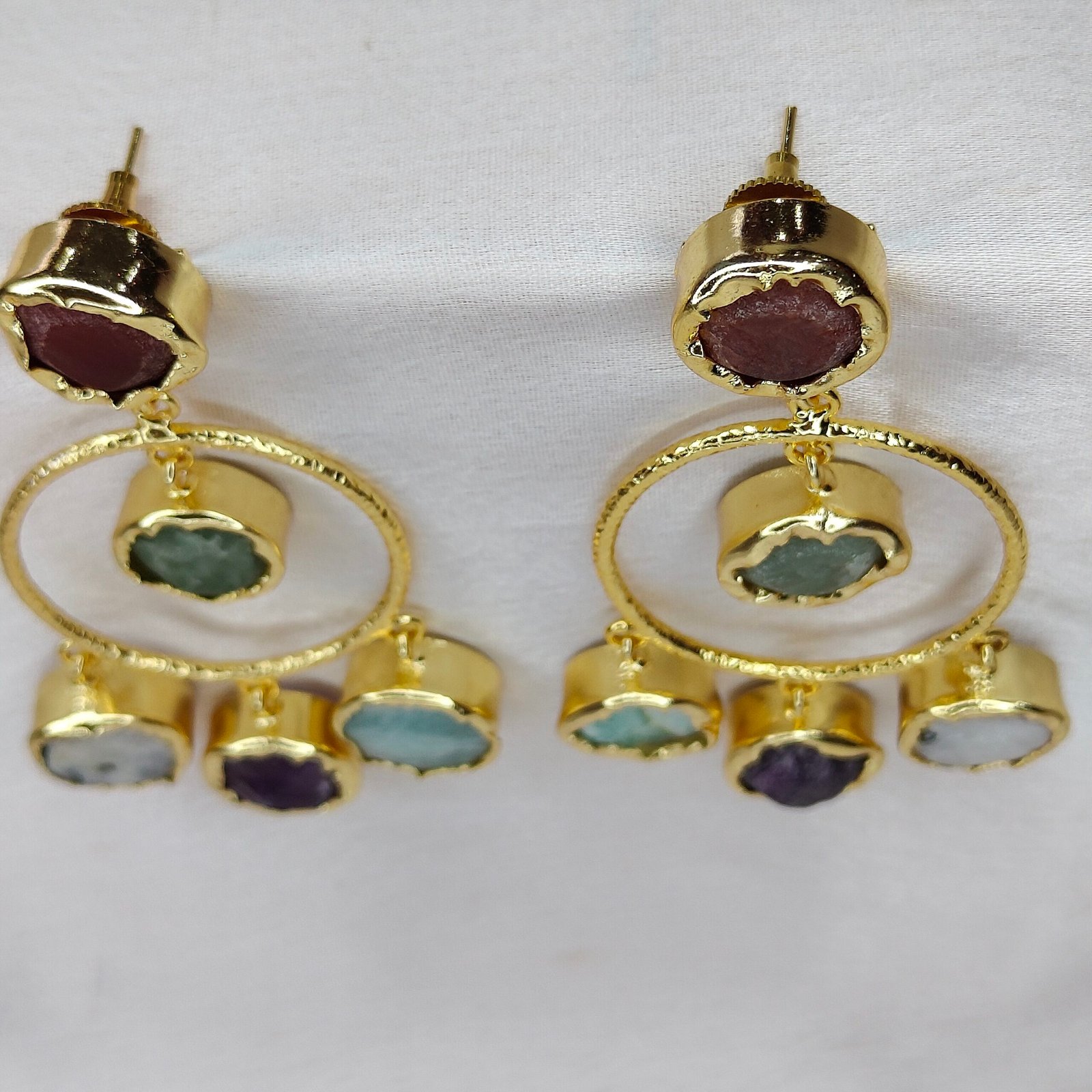 Jevaya Handcrafted Multiple Natural Stone Hoop Earrings with 22k Gold Polished - Image 5