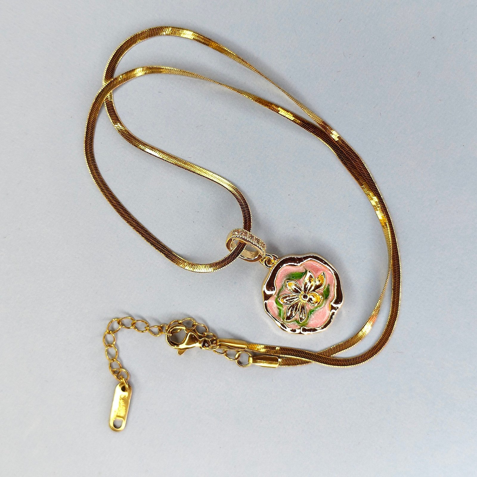 Gold Plated Floral Pendant Necklace with Enamel Detailing full