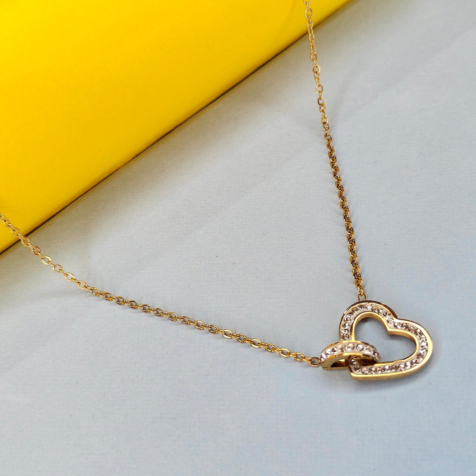 Gold Plated Double Heart Pendant Necklace with Crystal Accents