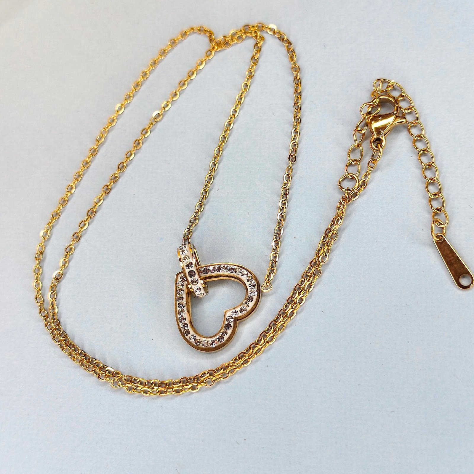 Gold Plated Double Heart Pendant Necklace with Crystal Accents full