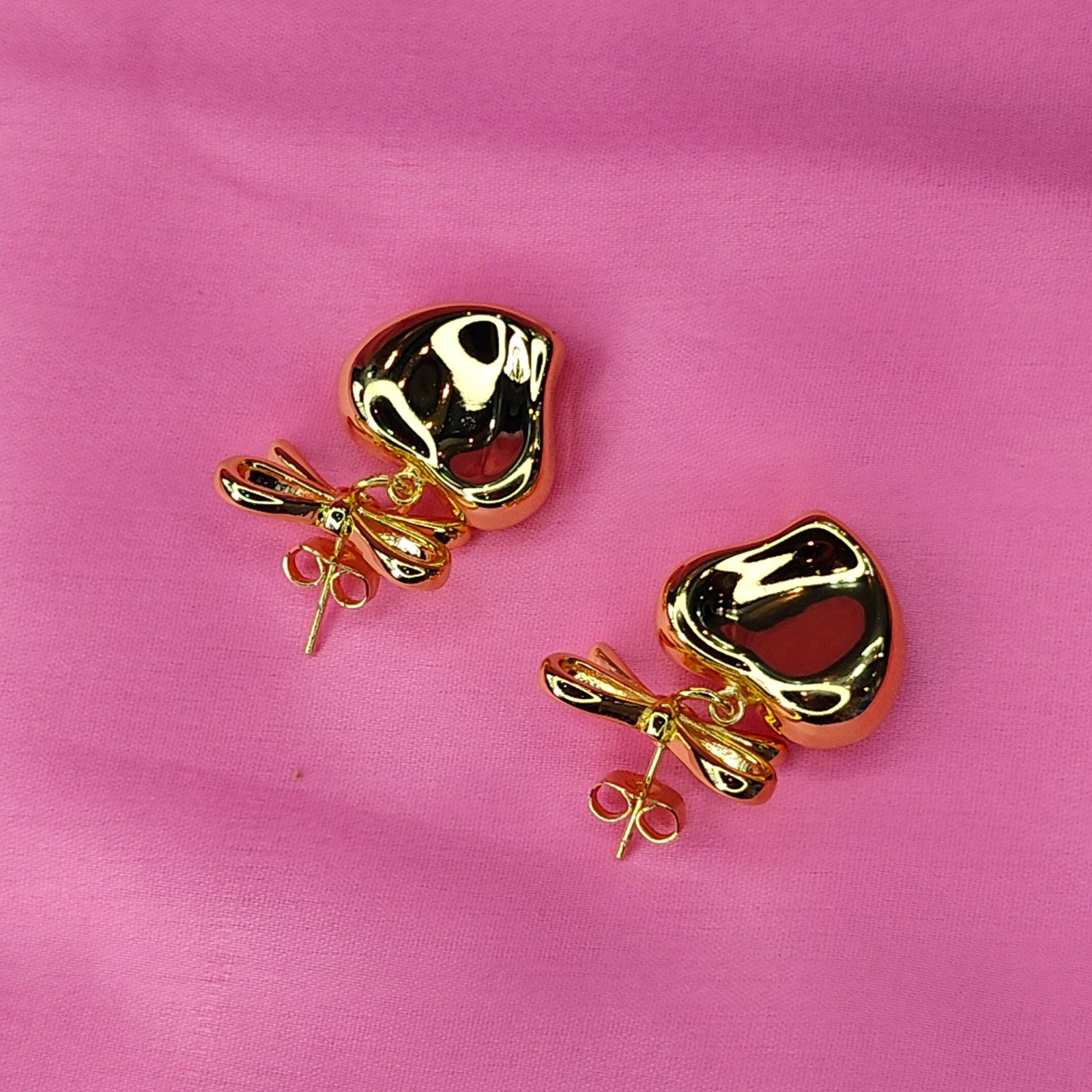 Jevaya 18K Gold-Tone Heart Drop Earrings with Bow Design - Image 4