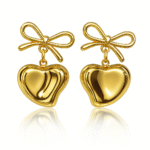 Jevaya 18K Gold-Tone Heart Drop Earrings with Bow Design