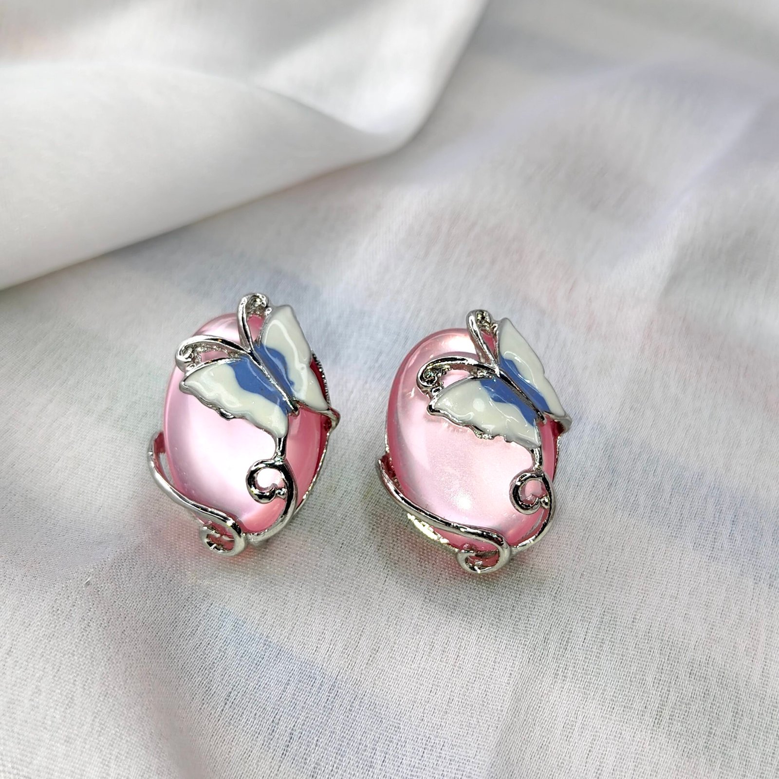 Jevaya Butterfly Design Light Pink Stone Stud Earrings