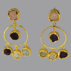 Jevaya Handcrafted Multiple Natural Stone Hoop Earrings with 22k Gold Polished
