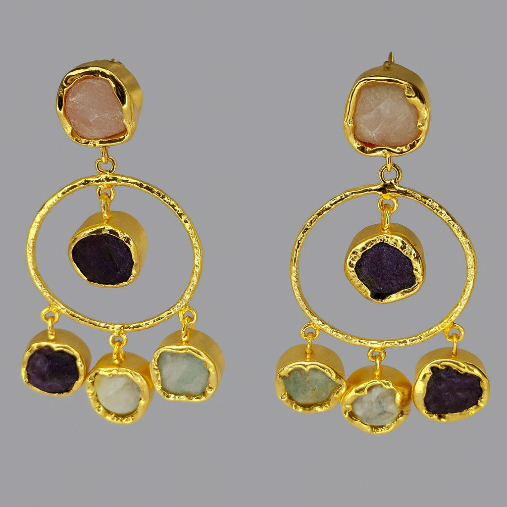 Jevaya Handcrafted Multiple Natural Stone Hoop Earrings with 22k Gold Polished