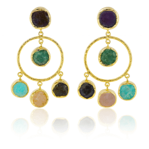 Jevaya Handcrafted Multiple Natural Stone Hoop Earrings with 22k Gold Polished