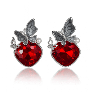 Jevaya Ruby Red Butterfly Stud Earrings with Silver Accents