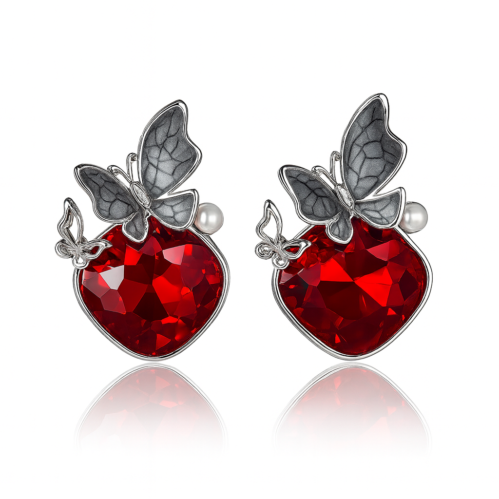 Jevaya Ruby Red Butterfly Stud Earrings with Silver Accents
