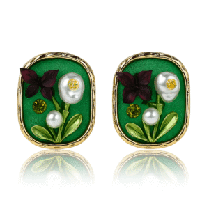 Vintage Floral Pearl Stud Earrings Green with Gold Frame