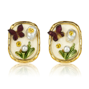 Vintage Floral Pearl Stud Earrings with Ivory Enamel & Gold Frame product