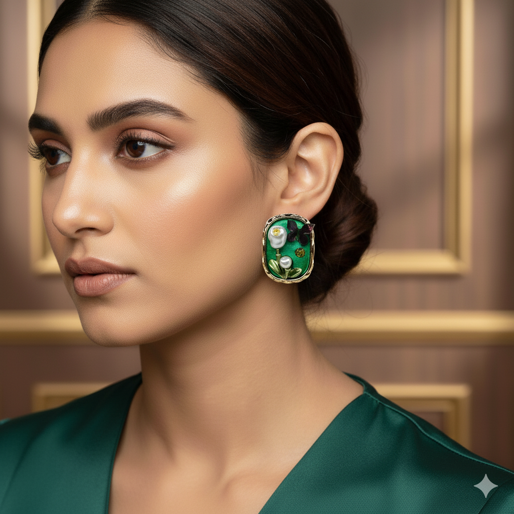 Vintage Floral Pearl Stud Earrings with Emerald Green Enamel & Gold Frame model