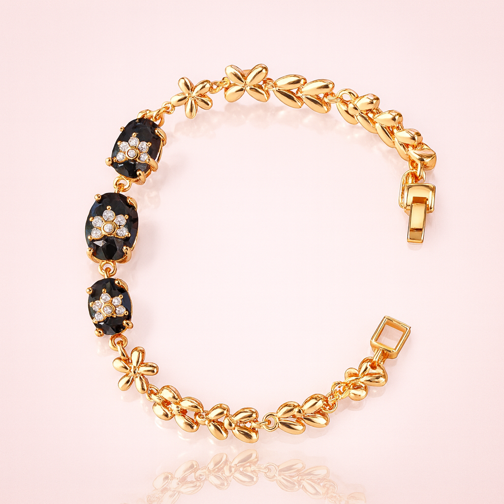 Elegant Gold-Plated Bracelet with Black Stone & Floral Motif