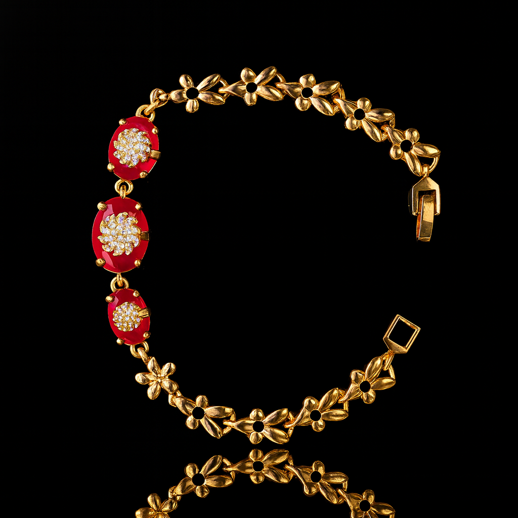 Gold-Plated Bracelet with Red Stone & AD Floral Motif front
