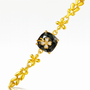 Gold-Plated Bracelet with Black Single AD Stone & Sparkling Floral Accent