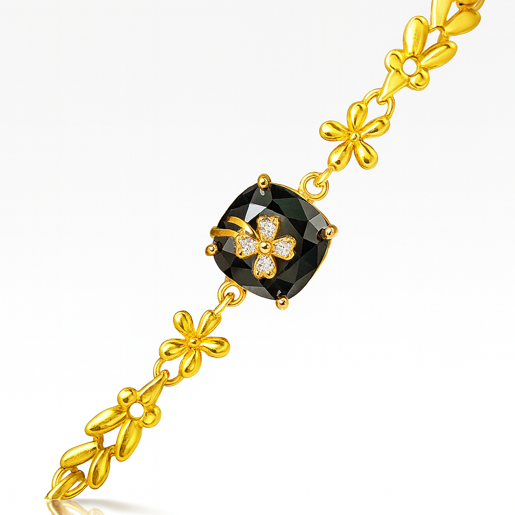 Gold-Plated Bracelet with Black Single AD Stone & Sparkling Floral Accent