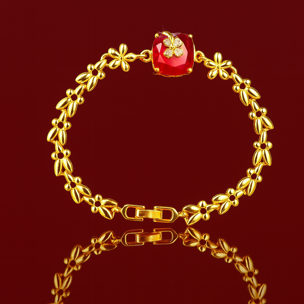 Gold-Plated Bracelet with Red Single AD Stone & Sparkling Floral Accent