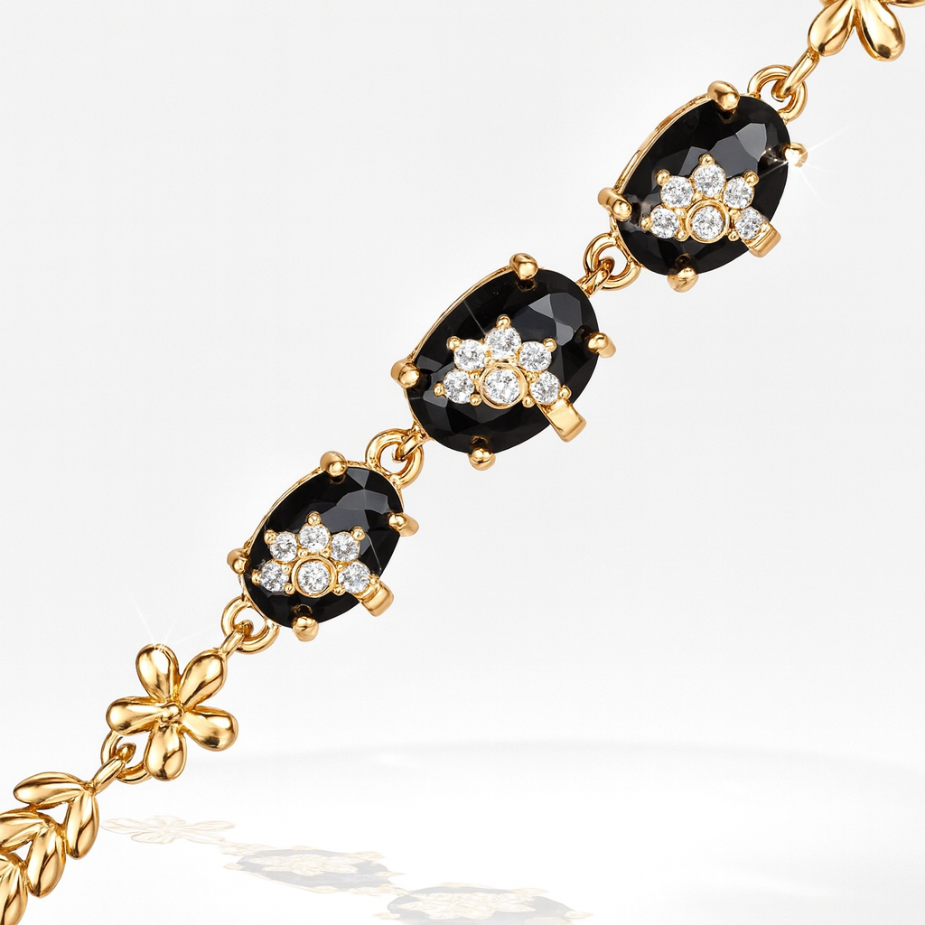 Elegant Gold-Plated Bracelet with Black Stone & Floral Motif highlighted