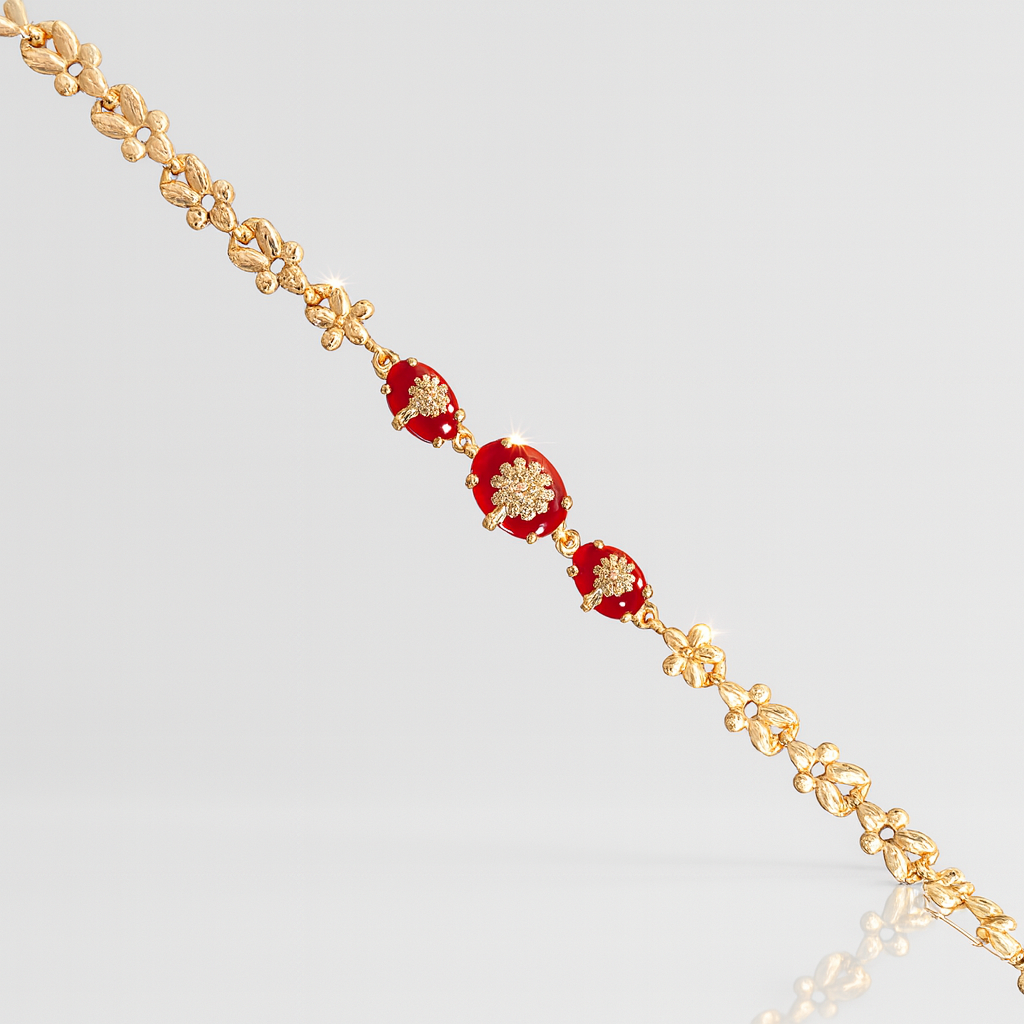Gold-Plated Bracelet with Red Stone & AD Floral Motif