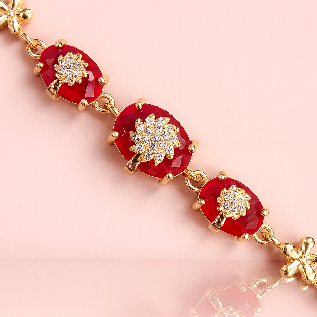 Gold-Plated Bracelet with Red Stone & AD Floral Motif highlighted