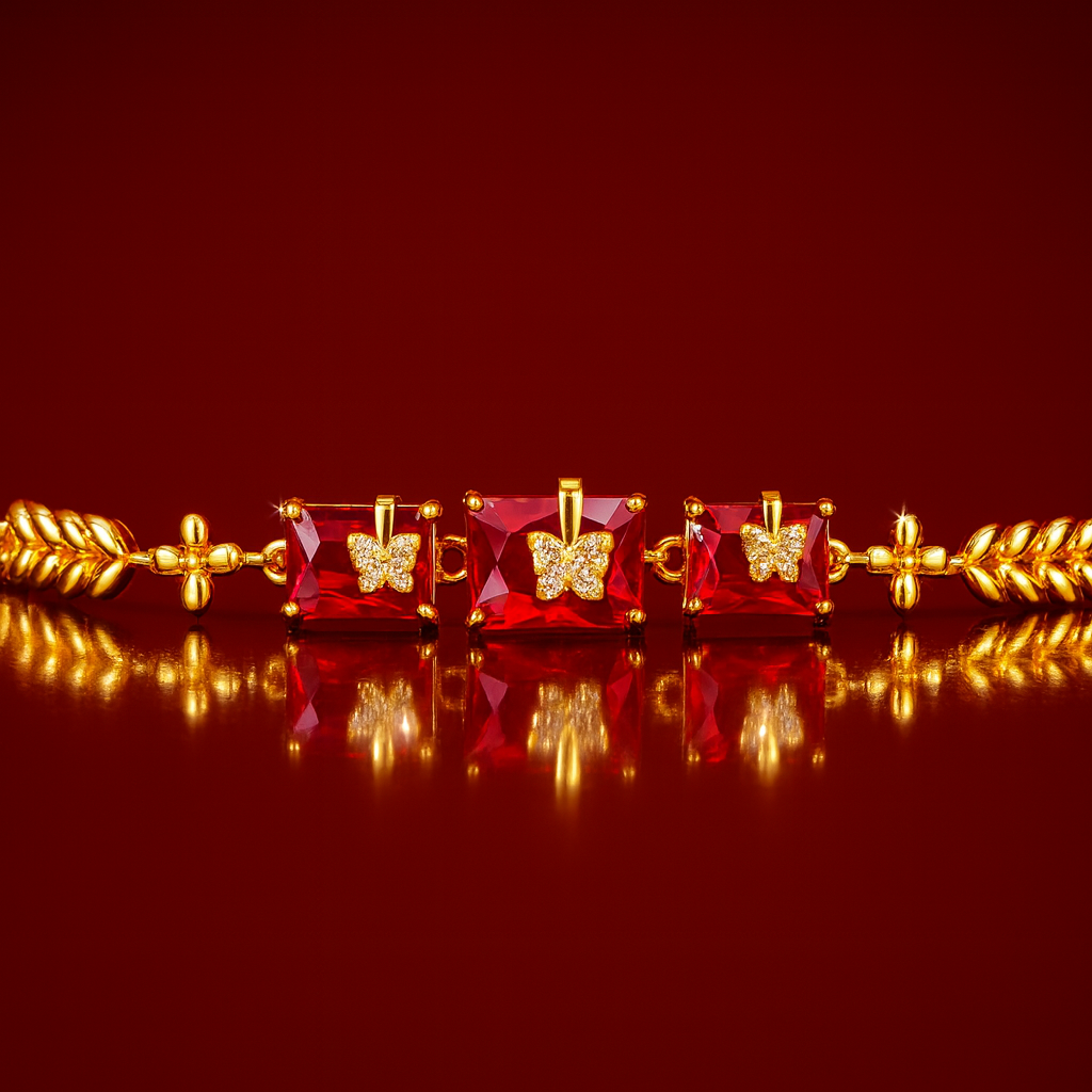 Gold-Plated Bracelet with Ruby-Red AD Stones & Pavé Butterfly Accents highlighted