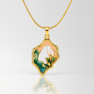 18K Gold Plated Artistic Pendant Necklace with Green & Pink Enamel Detailing – Elegant Anti-Tarnish Jewelry