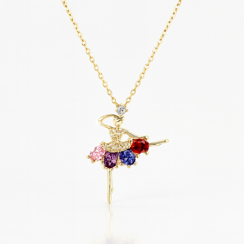 18K Gold Plated Ballerina Pendant Necklace with Multicolor Gemstone Skirt – Elegant Anti-Tarnish Jewelry