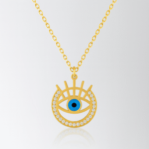 18K Gold Plated Evil Eye Pendant Necklace with Blue Stone & Crystal Accents – Anti-Tarnish Protection Jewelry
