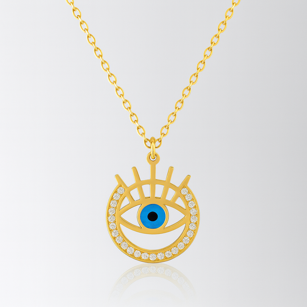 18K Gold Plated Evil Eye Pendant Necklace with Blue Stone & Crystal Accents – Anti-Tarnish Protection Jewelry