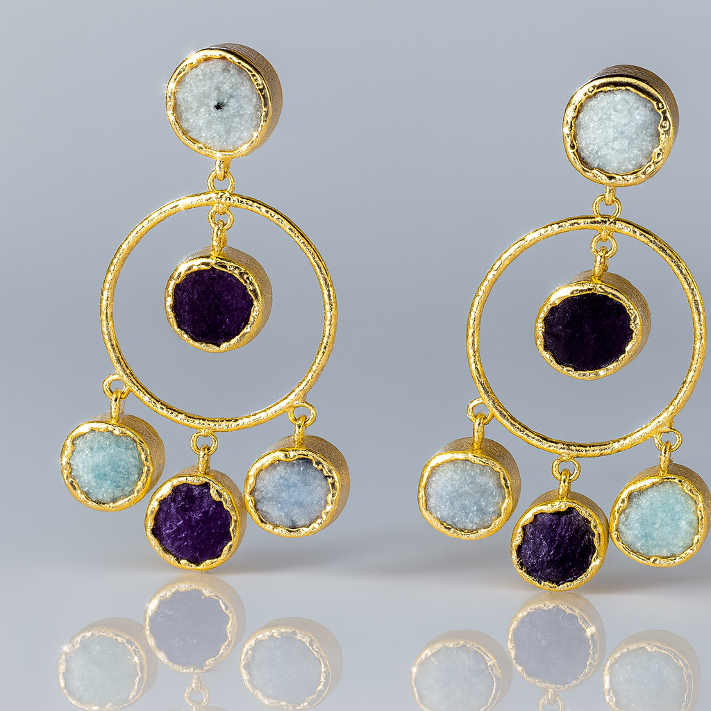 Jevaya 22k Gold-Plated Hoop Earrings with Amethyst & Aquamarine Natural Stones