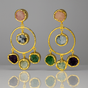 Jevaya Handcrafted Multiple Natural Stone Hoop Earrings with 22k Gold Polished