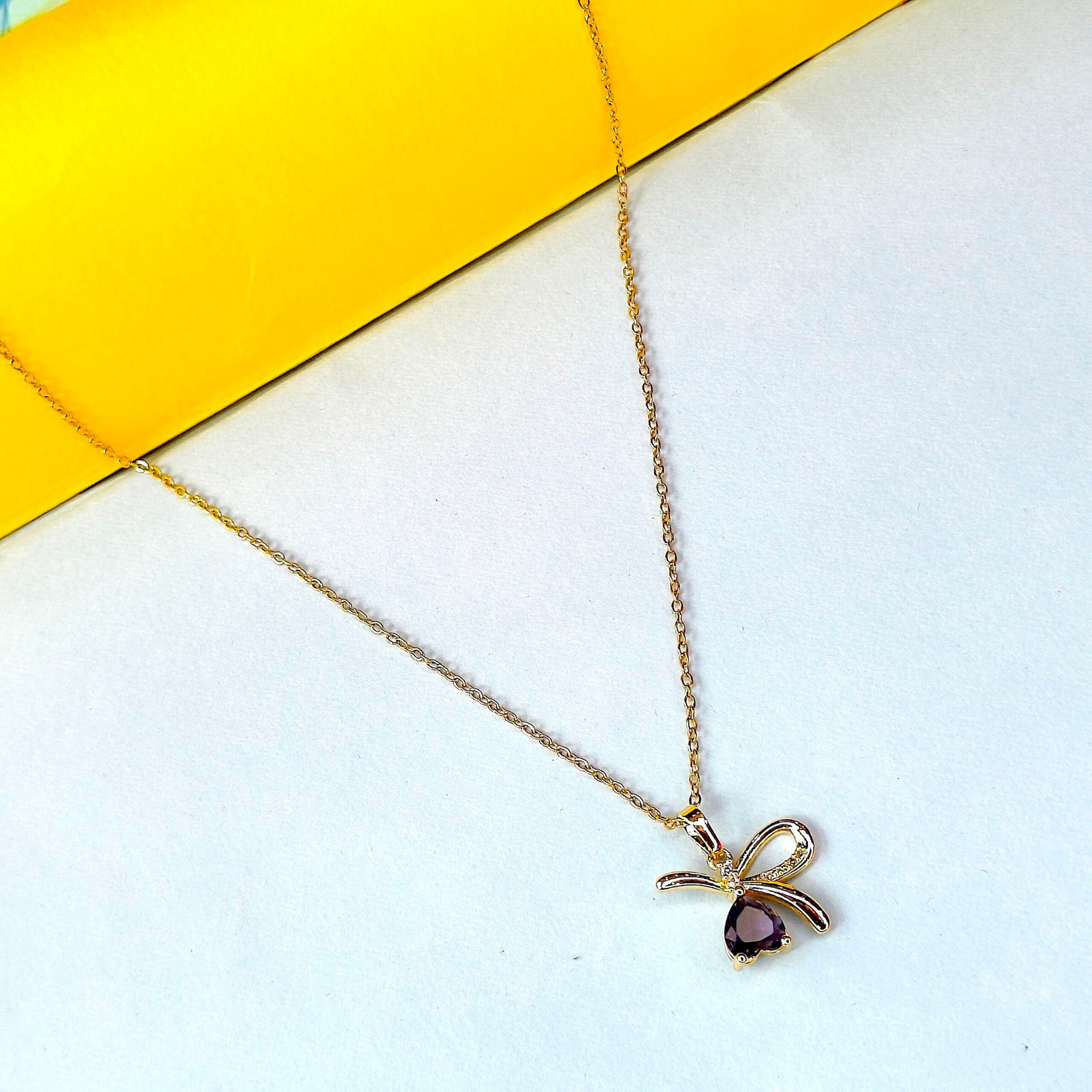 18K Gold Plated Bow Pendant Necklace with Purple Teardrop Gemstone – Elegant Anti-Tarnish Jewelry (Copy) - Image 4