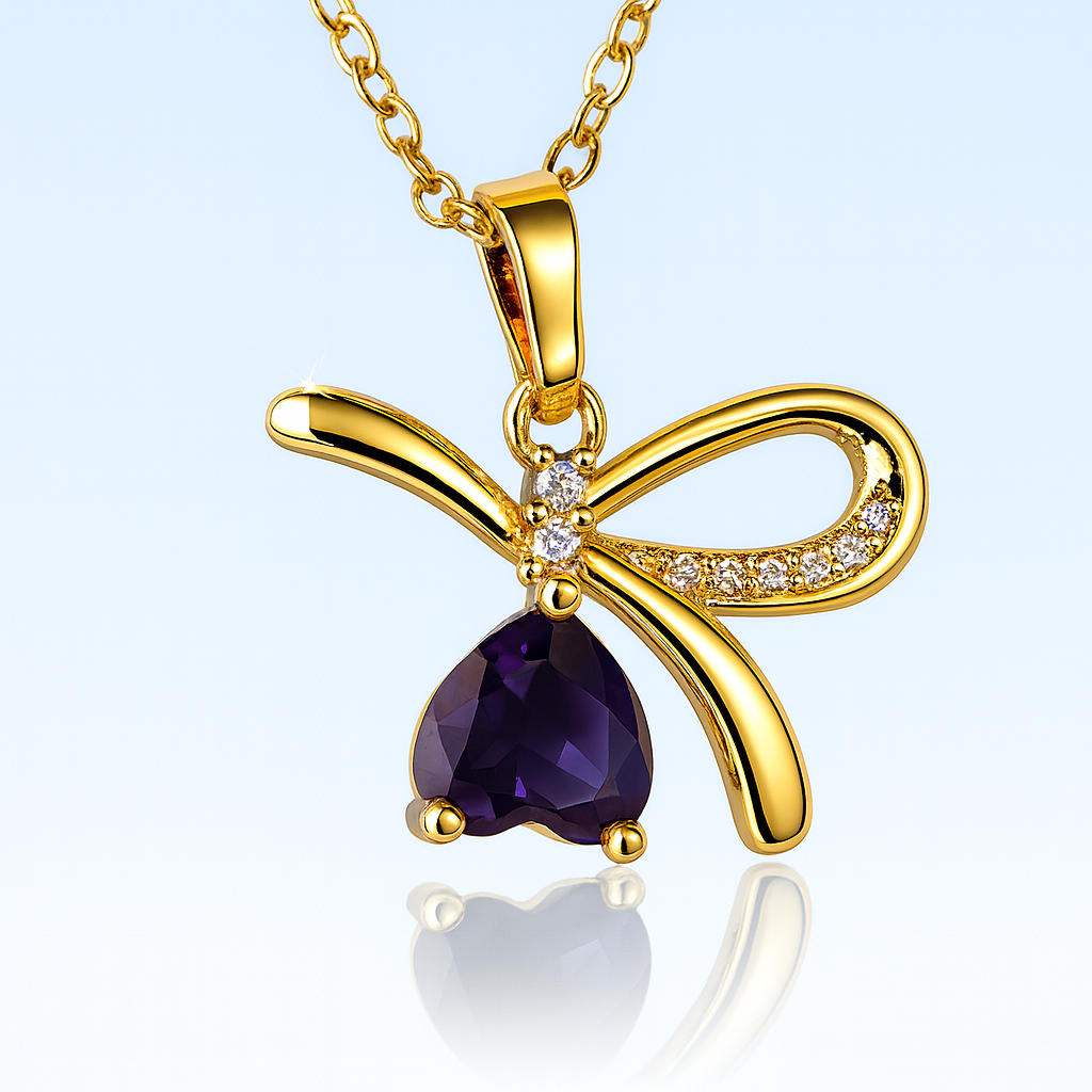 18K Gold Plated Bow Pendant Necklace with Purple Teardrop Gemstone – Elegant Anti-Tarnish Jewelry (Copy) - Image 3