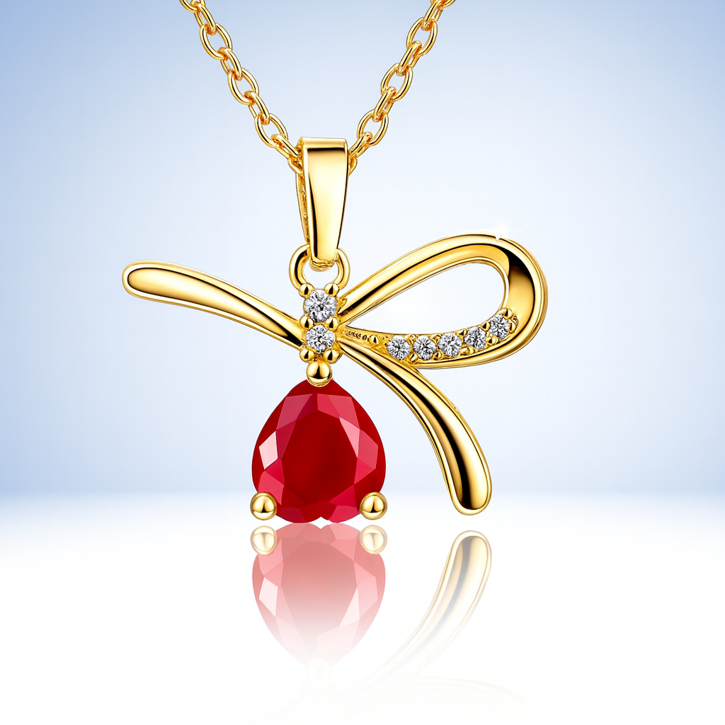 18K Gold Plated Bow Pendant Necklace with Red Teardrop Gemstone – Elegant Anti-Tarnish Jewelry - Image 3