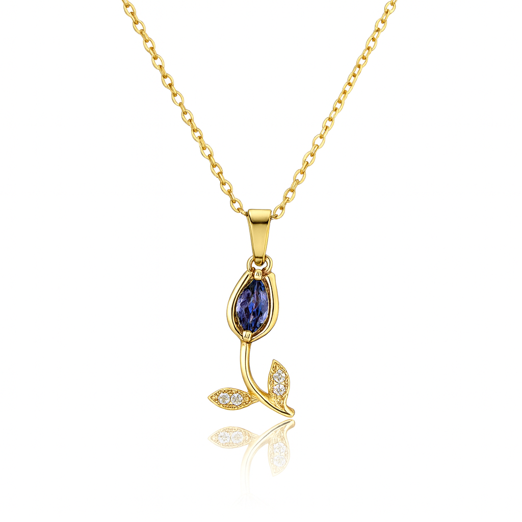 Jevaya 18K Gold Plated Rose Pendant Necklace with Blue Gemstone & Crystal Leaves – Elegant Anti-Tarnish Jewelry