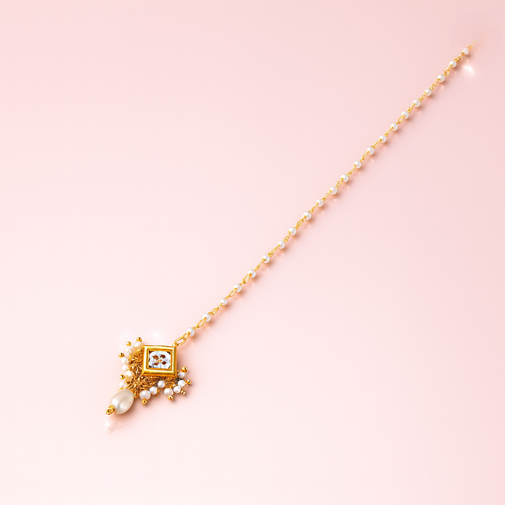 Jevaya Elegant Kundan Pearl Drop Maang Tikka in Gold Finish - Image 4