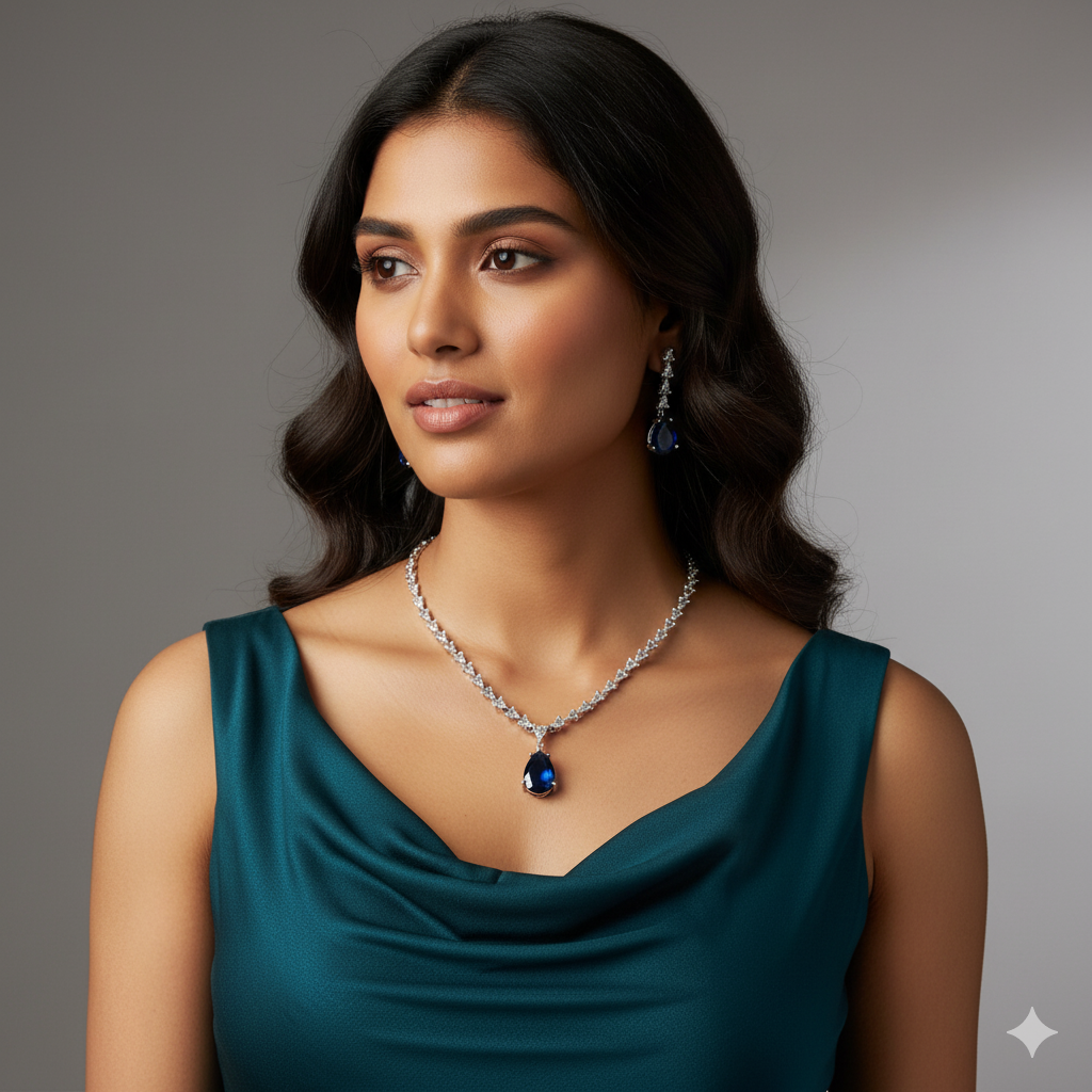Jevaya Elegant Blue Stone Necklace Set with Earrings