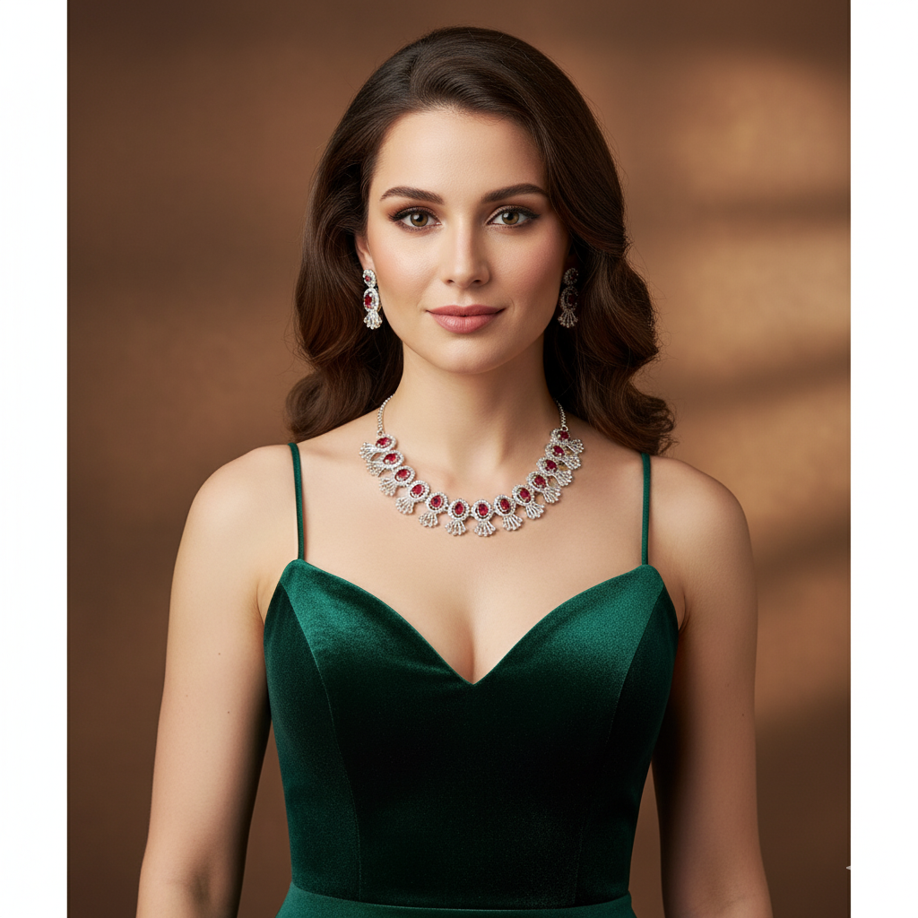 Jevaya Luxury Silver-Plated Maroon Necklace Set for Women | - Image 6