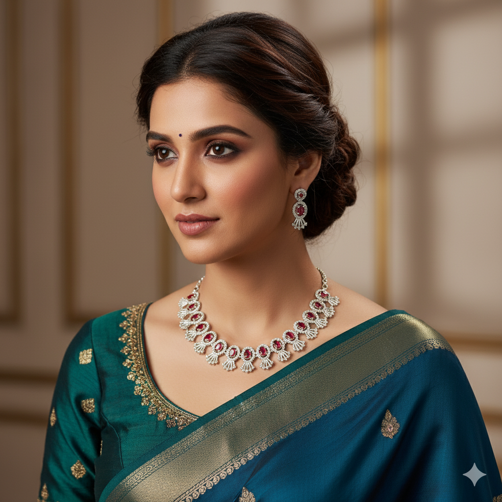 Jevaya Luxury Silver-Plated Maroon Necklace Set for Women |