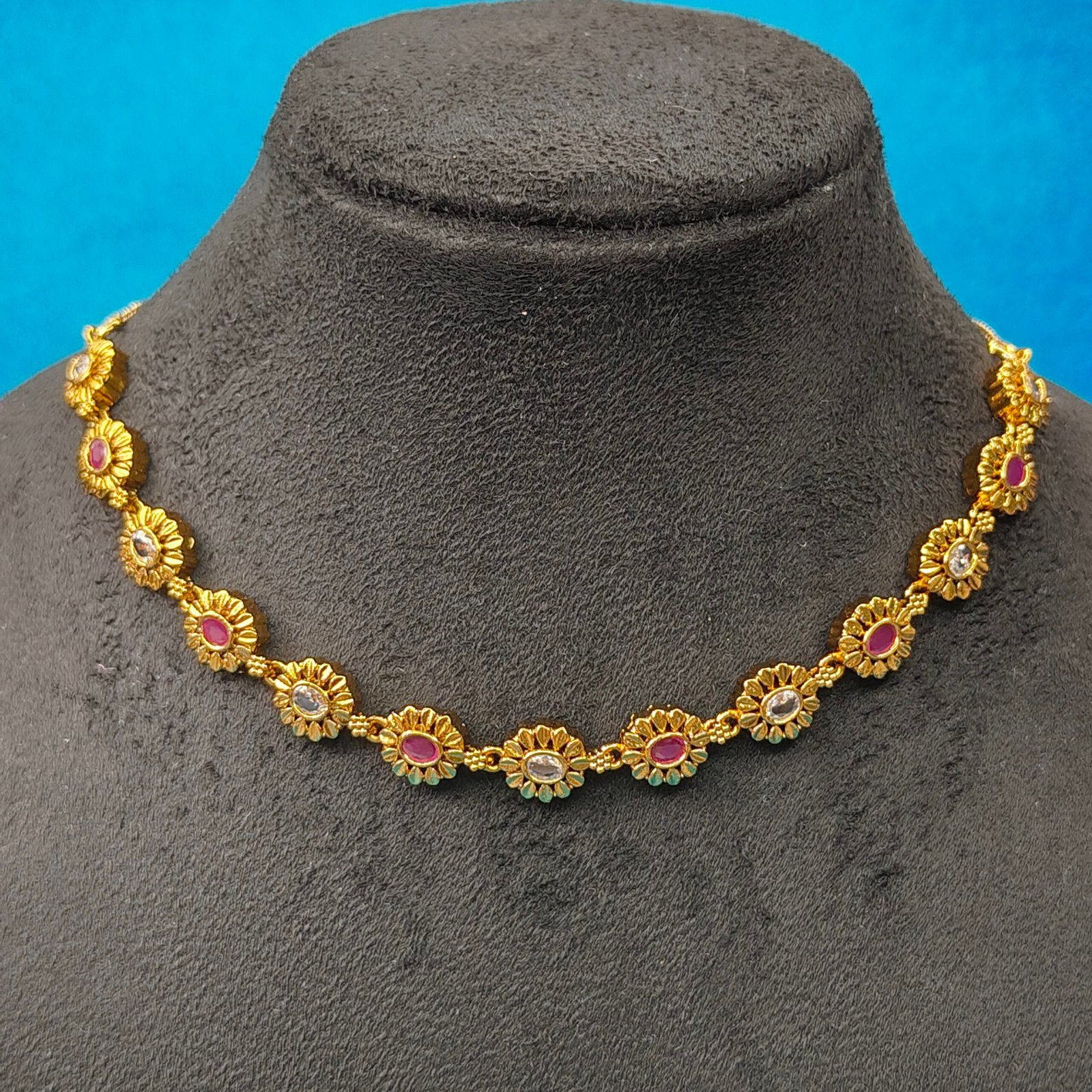 Jevaya 22K Gold-Plated Floral Necklace Set with Ruby and White Stones - Image 4