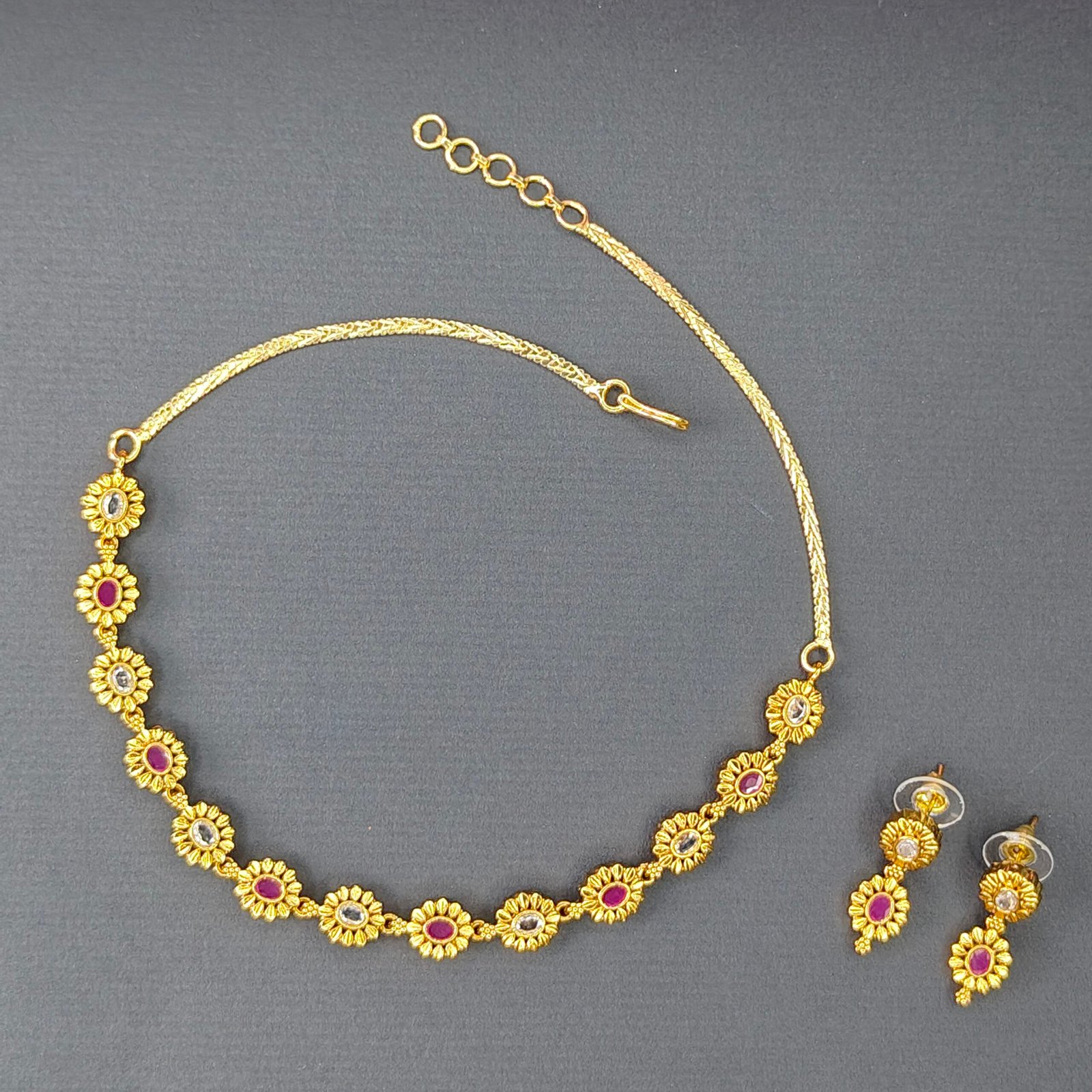 Jevaya 22K Gold-Plated Floral Necklace Set with Ruby and White Stones - Image 3
