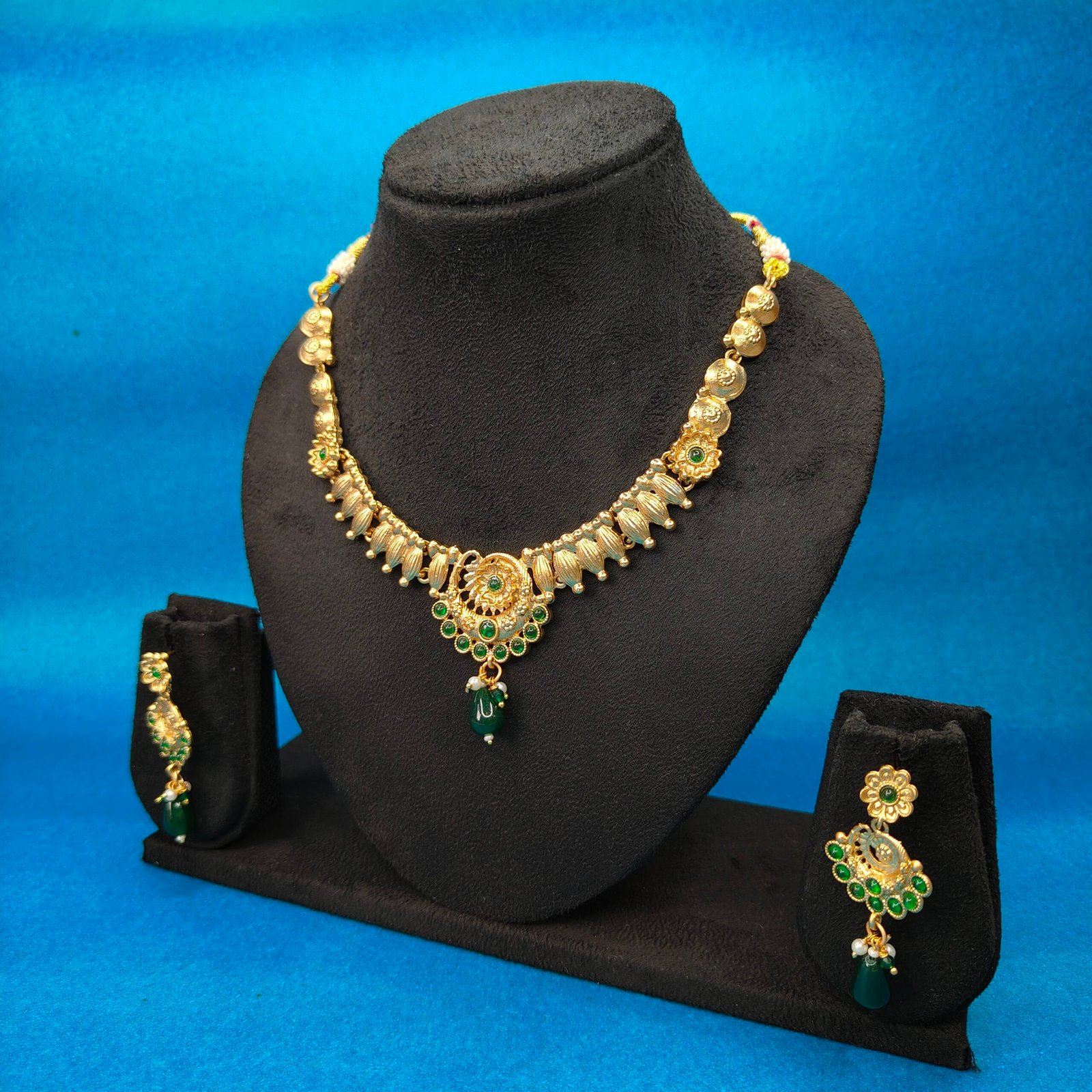 Jevaya Traditional Gold-Plated Temple Necklace Set with Green & White Detailing - Image 4