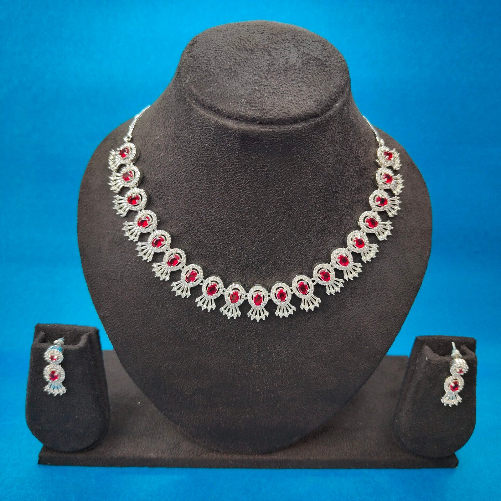 Jevaya Luxury Silver-Plated Maroon Necklace Set for Women | - Image 2