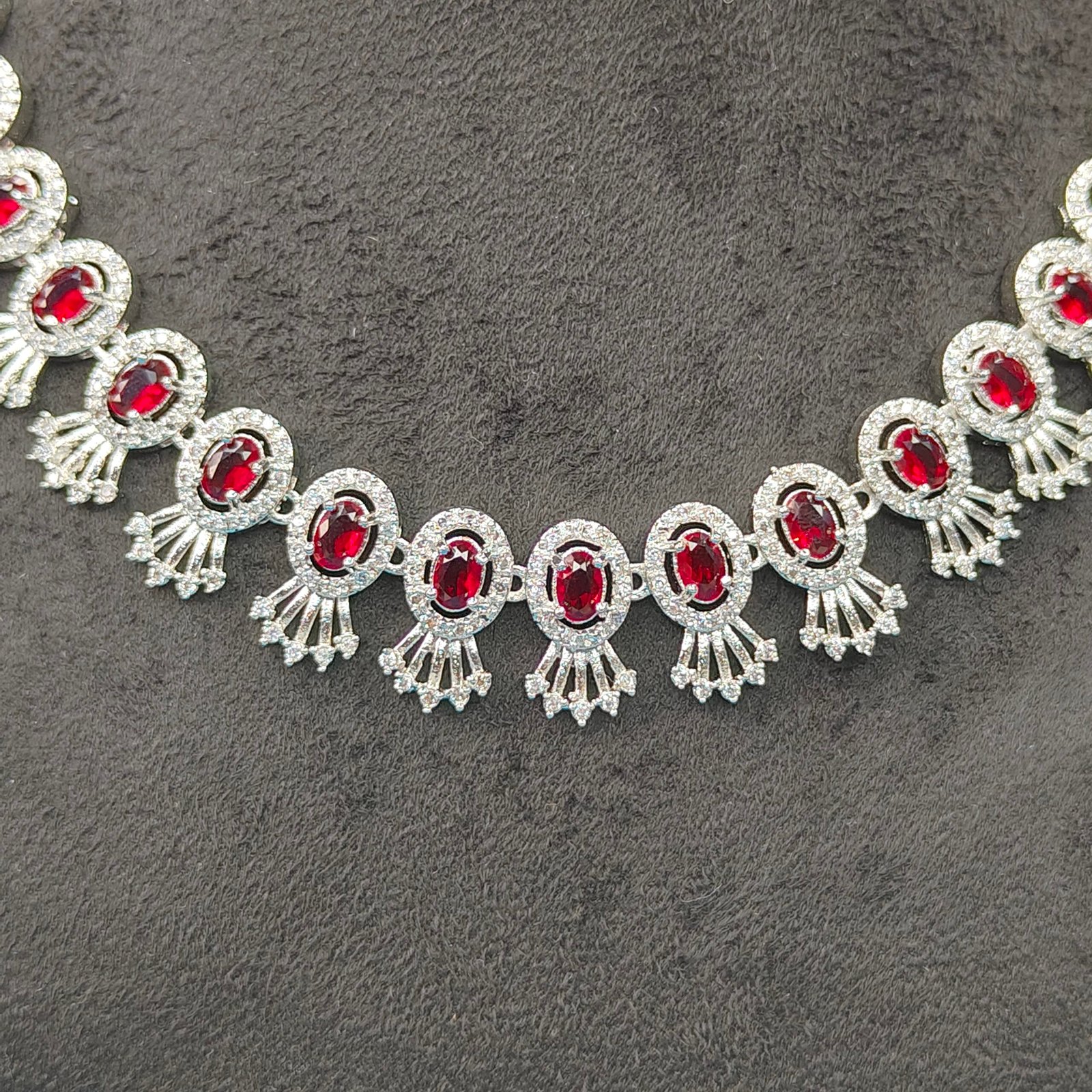 Jevaya Luxury Silver-Plated Maroon Necklace Set for Women | - Image 5