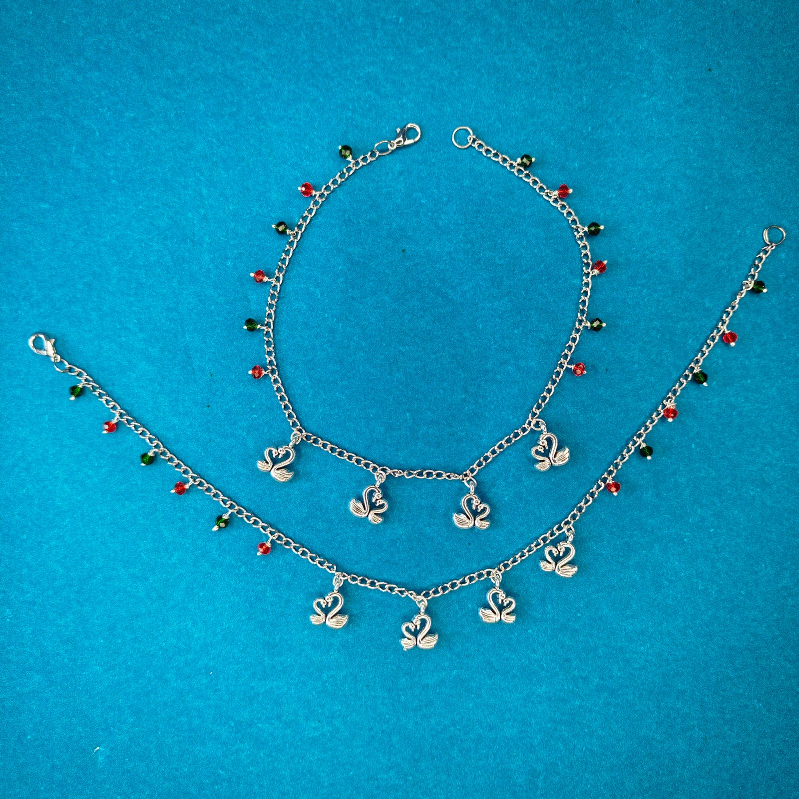 Jevaya Elegant Silver-Plated Anklet with Duck Charms and Red-Green Crystal Beads - Image 5